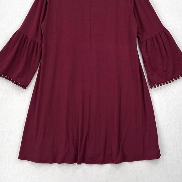 JOHNNY WAS CALME Flute Sleeve Swing Dress Womens Medium Burgundy Maroon Pom Pom - Picture 8 of 15